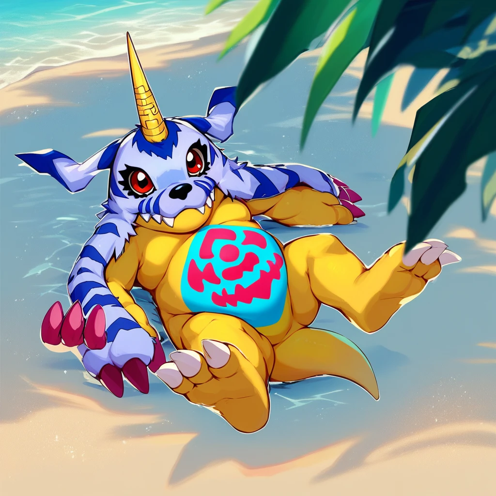 score_9, score_8_up, score_7_up, score_6_up, score_5_up, score_4_up, gabumon, digimon, single horn, claws, red eyes, sharp teeth, creature, monster, chubby, pudgy belly, blue and pink markings on belly, blue fur pelt, yellow body, three toes, outside, beach background, beach scenery, water, relaxing, laying down, looking at viewer, sunglasses, barefoot,