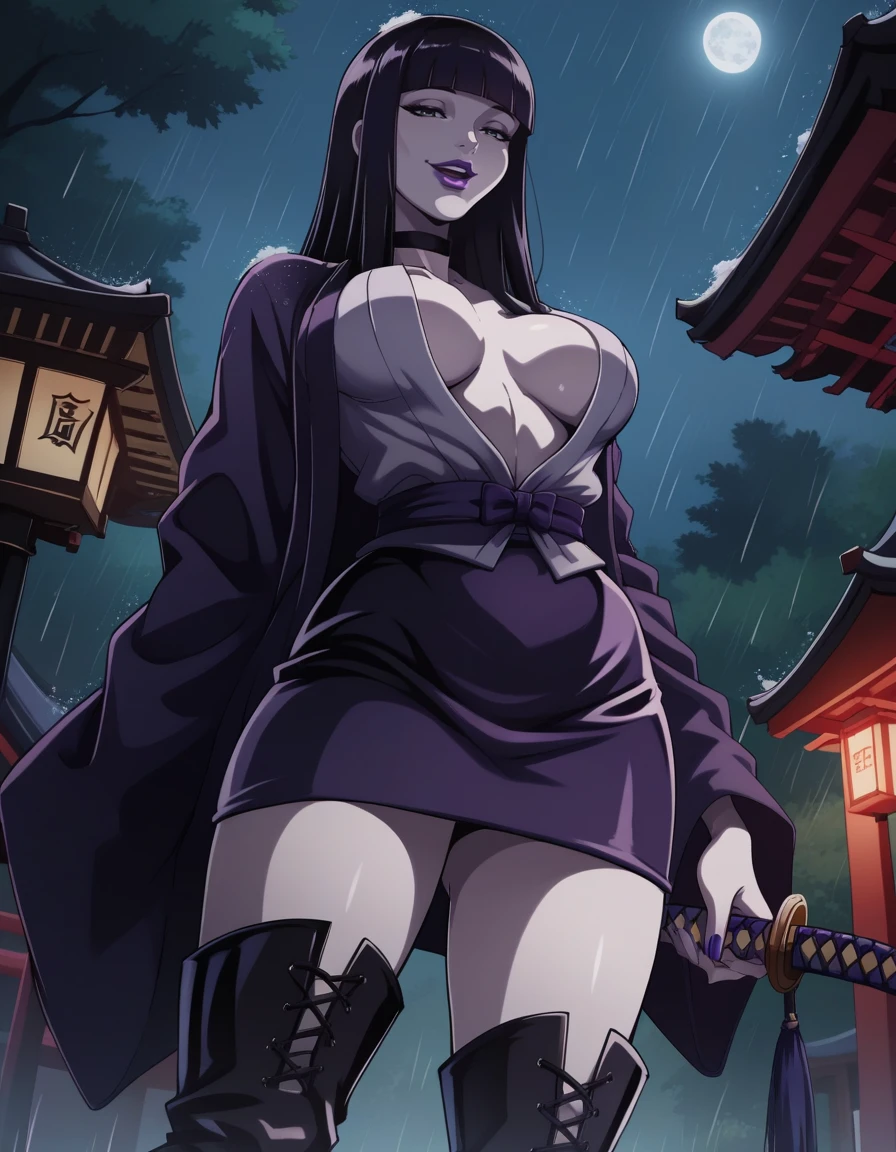 score_9, score_8_up, score_7_up,score_6_up, score_5_up, score_4_up , 1girl, solo,
large breasts,
ladysiodg,
long hair, black hair, hime cut, purple lips,
thighboots, open shirt,miniskirt, open clothes, choker,
from below,
looking at viewer,
rain, night, east asian architecture, forest,
smile, open mouth, half-closed eyes,
holding katana,
<lora:Lady Sio PonyXL v01-000003:0.90>