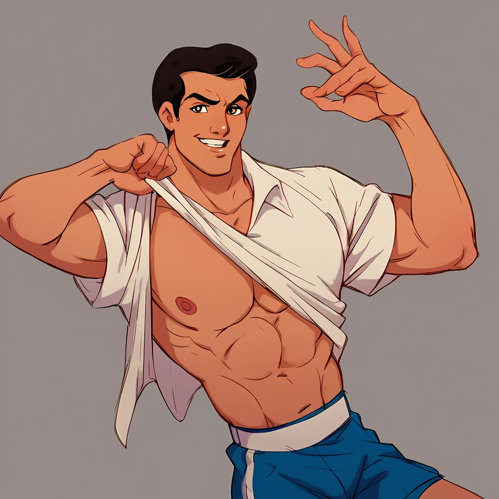 score_9, score_8_up, score_7_up, score_6_up,  animation, retro artstyle, disney style,
break
a man pr1nc3_c with short black hair , <lora:Prince_C_1.0-000040:1> , wearing hawaii shirt and blue shorts, funny pose for selfie
location: beach
<lora:aminfara:0.3> aminfara, <lora:Smooth Anime 2 Style SDXL_LoRA_Pony Diffusion V6 XL:0.3>