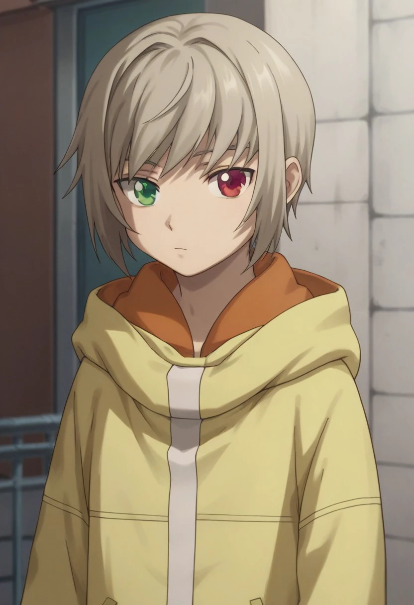 score_9, score_8_up, score_7_up, source_anime, highly detailed, slender,
maki, solo, light bron hair, short hair, heterochromia, green eye, red eye, 1boy, male focus, red eyes, green eye, hood, hoodie, yellow hoodie, purple pants, pants, upper body, raincoat, yellow raincoat