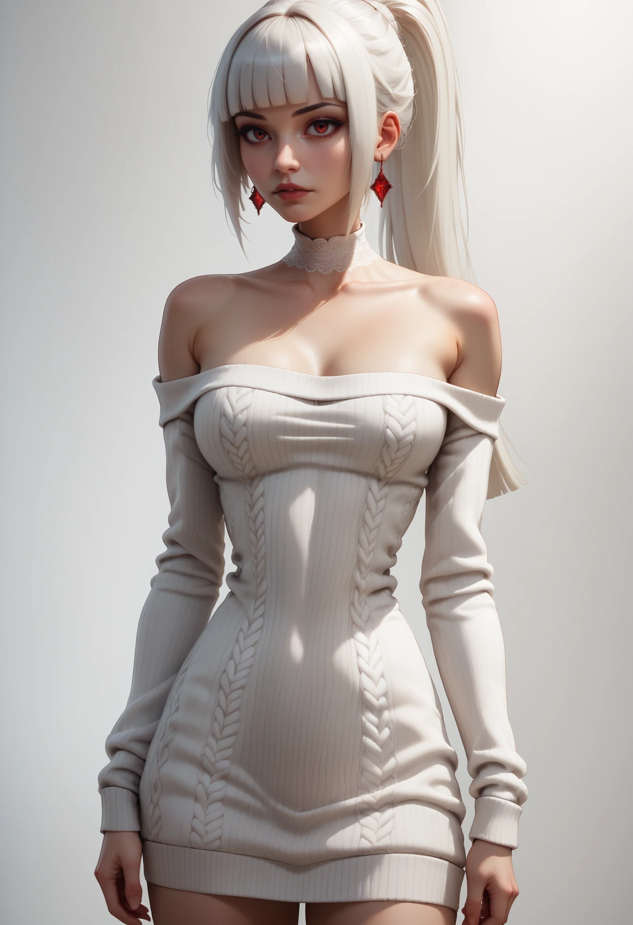 score_9, score_8_up, score_7_up,
1girl, solo, sexy short sweater dress, white dress, scoop neck, long sleeves, bare shoulders, lace choker, ruby earrings, standing, contrapposto, full body,
<lora:Dark_Sayuki_Pony_v0.1:0.5> d4rks4yuk1, white hair, hime cut, ponytail,