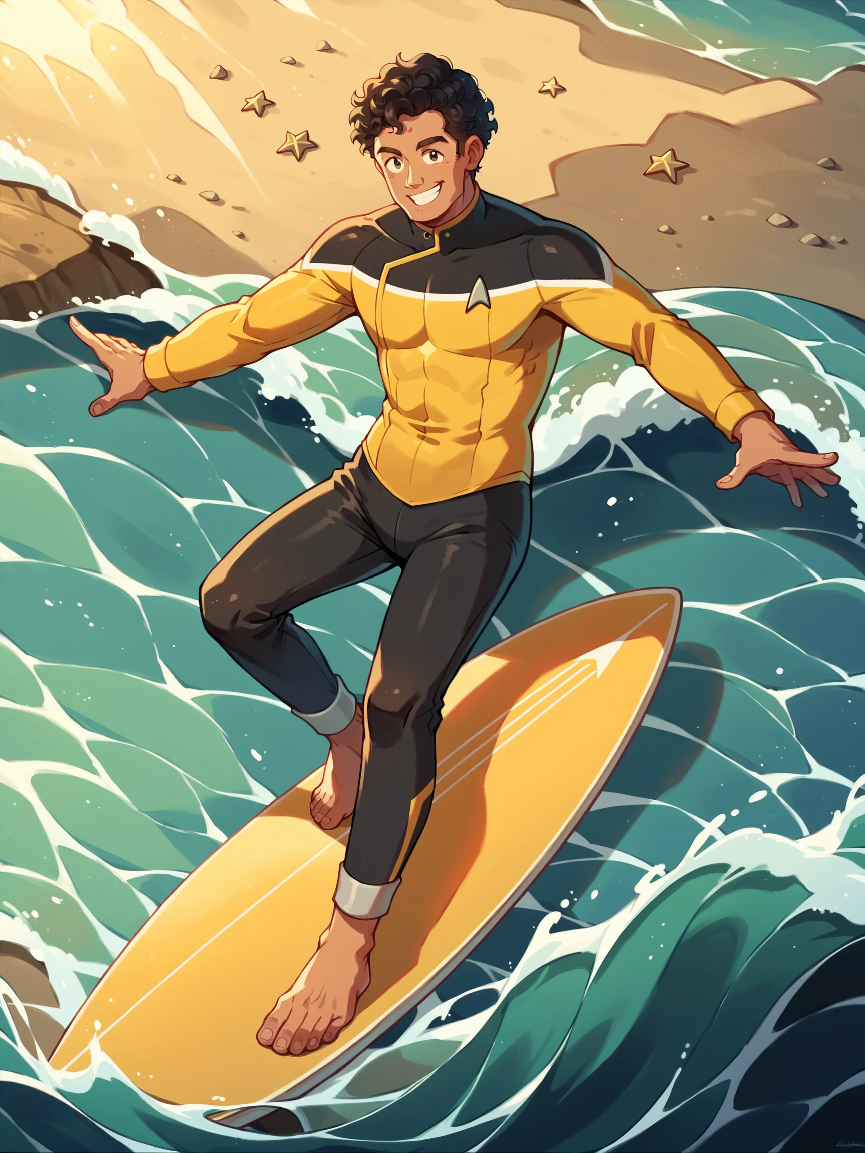 score_9, score_8_up, score_7_up, score_6_up, score_5_up, man in (sttldunf  star trek black and yellow uniform:1.1) standing on a surfboard ,black shoulders,black pants, asian man surfing on a wave,curly hair,long sleeves,smiling<lora:STTLPony:0.8>