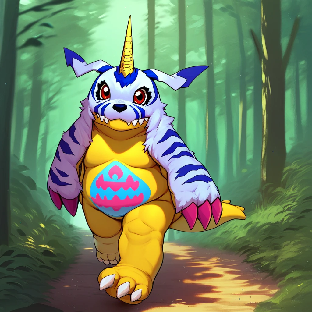 score_9, score_8_up, score_7_up, score_6_up, score_5_up, score_4_up, gabumon, digimon, single horn, claws, red eyes, sharp teeth, creature, monster, chubby, pudgy belly, blue and pink markings on belly, blue fur pelt, yellow body, three toes, outside, forest background, forest scenery, wandering in the forest, walking, looking at viewer, smiling