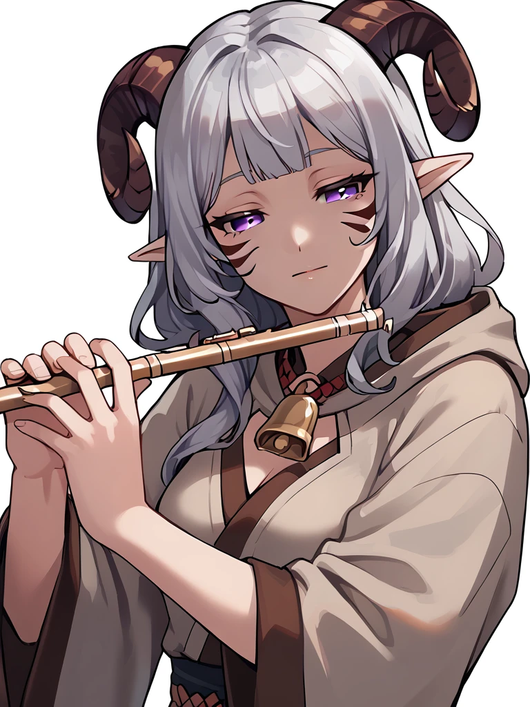 <lora:flute:0.8> flute, holding instrument,, source_furry, score_7_up, rating_safe, cowboy shot, gold necklace, tiefing, short pointed ears,brown horns, (a pair of brown sheep Horns that begin at her temples and curve back: 1.5), bangs,long silver hair long wavy hair, pale skin,<lora:whisker_markings:0.8> whisker_markings:1.4 , pointy ears, purple eyes:1.2, <lora:age_slider_v4:0.6>   medium breasts, skinny female, close up, silver hair, <lora:Tieflingnew weird fantasyDND:0.3> Tiefling, pointed ears, horns,   half-closed eyes:1.5,<lora:Smooth Style 2 SDXL_LoRA_Pony Diffusion V6 XL:0.5>  shepherd's crook, bell, robe, hood off, <lora:Nanoless_Artist_Style_PonyXL:0.3>  shaded face:1.2,