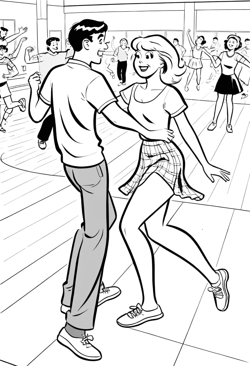 an illustration of a young man and young woman dancing in a school gym, monochrome, rchcmx, fun