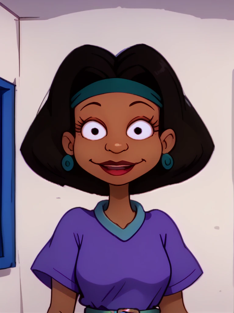 <lora:Lucy_Carmichael_-_Rugrats_-_1992-10:1.25>lucy_carmichael, 1girl, dark-skinned female, black hair, short hair, lipstick, blue headband, earrings, purple dress with blue collar, solo, jewelry, dark skin, blue waist belt, short sleeves, purple dress, hairband, headband, dress, belt, makeup, smile, upper body, portrait, mouth open, face focus, looking at viewer,, source_cartoon, score_9, score_8_up, score_7_up,