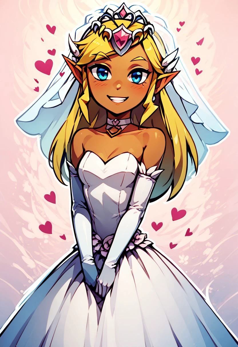 score_9, score_8_up, score_8, medium breasts, (curvy), cute,
BREAK,
zzToonZelda, zzToonTetra, blush, smile, gloves, dress, jewelry, choker, elbow gloves, dark skin, grin, dark-skinned female, tiara, veil, wedding dress, bridal veil, bride, hearts,
zPDXL, Expressiveh, abstract background, white outline,