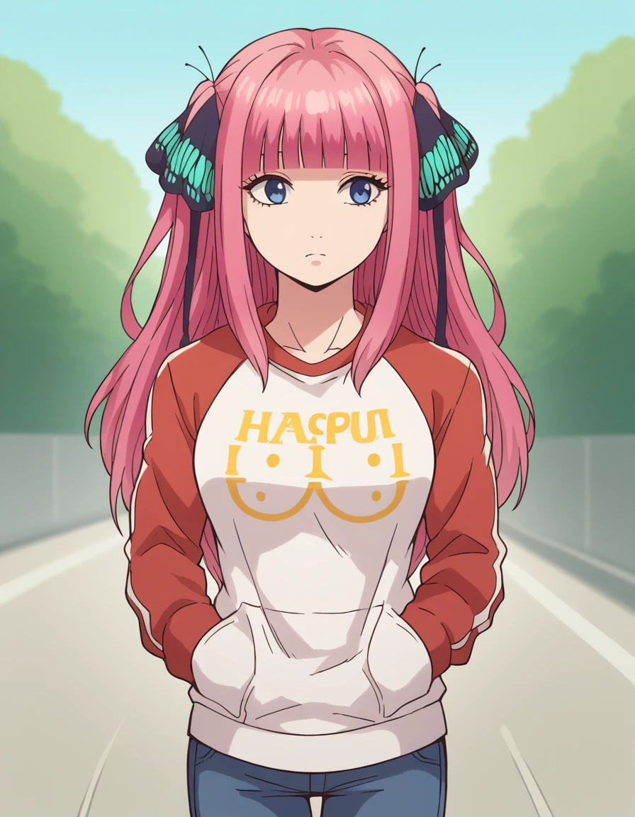 HIMEJIMAKINOKO, LIGHT PURPLE HAIR, TWINTAILS, HAIR BOBBLES, polka dot, VERY LONG HAIR, YELLOW EYES,,, large breasts, , solo nipple , ride a bicycle、　bustling street