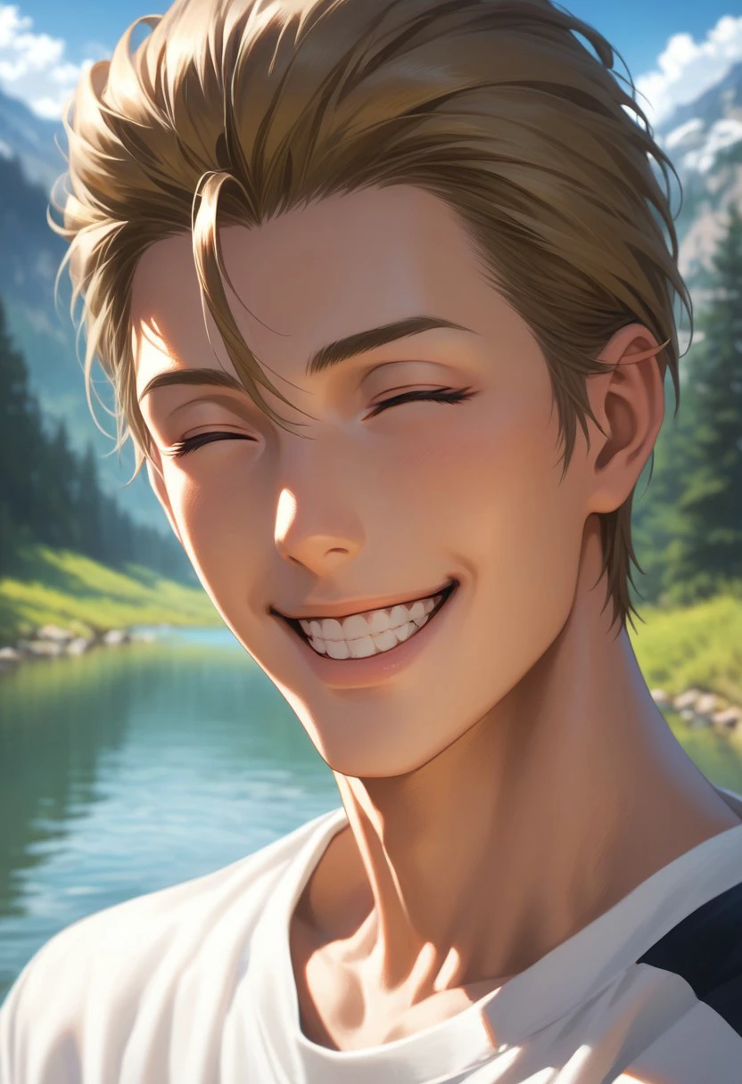 score_9, score_8_up, score_7_up, source_anime, rating_safe, Shinprison, 1boy, male focus, portrait, realistic lighting, wide smile, teeth, closed eyes, happy, outdoors blurry lake, trees, water, atmospheric perspective, mountains,