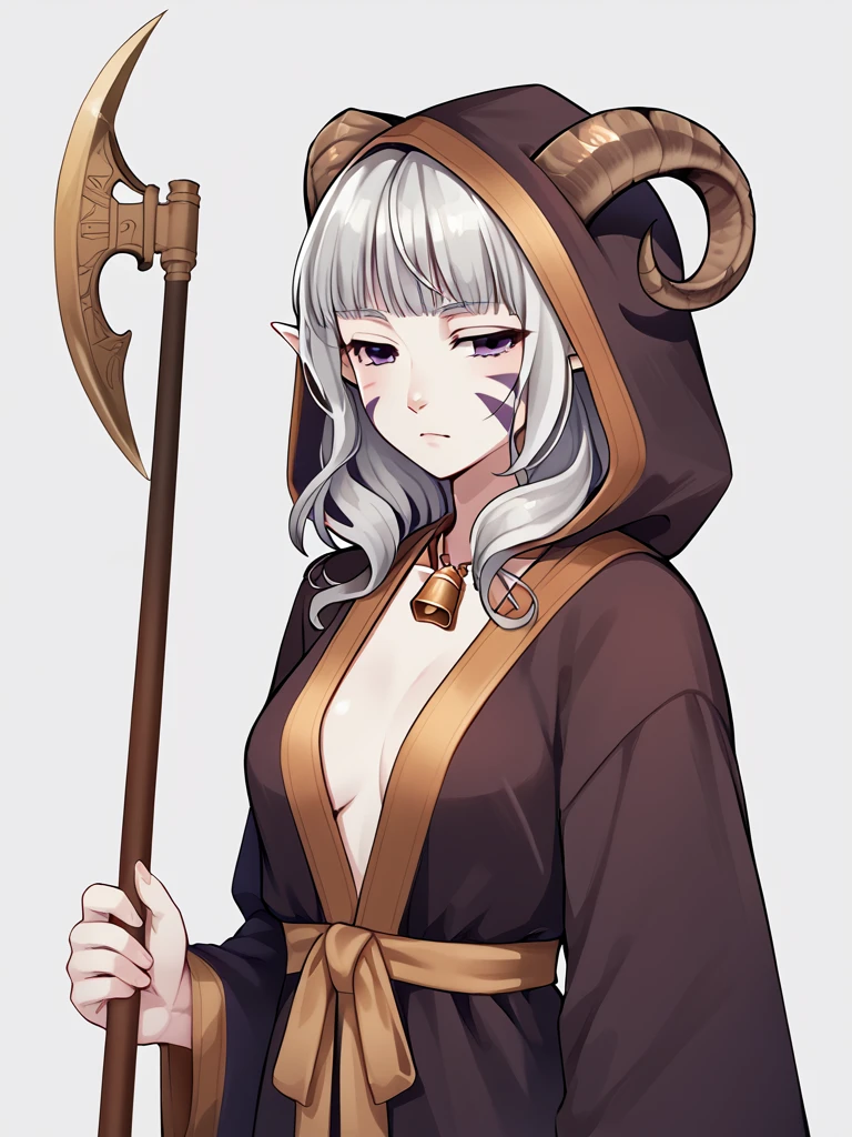 <lora:bardiche_weapon:0.8>  bardiche_(weapon),holding_weapon:1.2,holding bardiche_(weapon) ,half-closed eyes, source_anime, source_furry, score_7_up, rating_safe, portrait, gold necklace, tiefing, short pointed ears, brown horns, (a pair of brown sheep Horns that begin at her temples and curve back: 1.5), bangs, long silver hair long wavy hair, pale skin, <lora:whisker_markings:0.8> whisker_markings pointy ears, purple eyes, <lora:age_slider_v4:0.6>   medium breasts, skinny female, silver hair, <lora:Tieflingnew weird fantasyDND:0.3> Tiefling, pointed ears, horns,  <lora:Smooth Style 2 SDXL_LoRA_Pony Diffusion V6 XL:0.5>  bell, robe, hood off, <lora:Nanoless_Artist_Style_PonyXL:0.3>