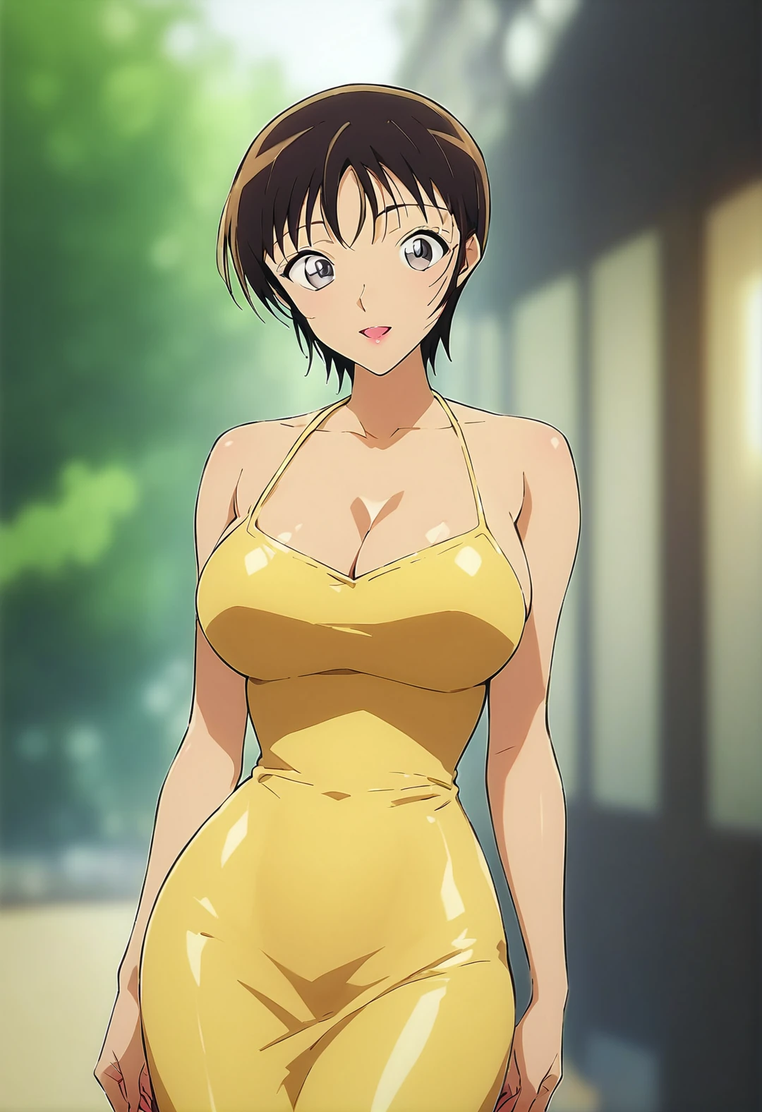 score_9, score_8_up, score_7_up, score_6_up, Light Outline,
((1girl,solo,Portrait,front view,milf,)),
large breasts, thin thighs,thin hips,thin waist,
Satou Miwako,black hair,short hair,grey eyes,makeup, light brown hair,Pale yellow Evening dress,shiny clothes, white shiny dresss,Cleavage,
(Sheer Textured Dark Pantyhose,blurry background, ),
<lora:PONY_Miwako_Satou_Anime_Detective_Conan:0.8>