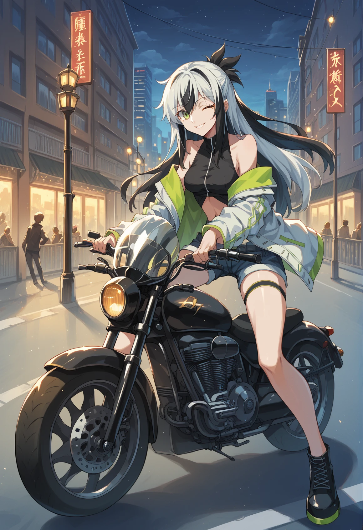 1girl, very long hair, multicolored hair, white hair, black hair, green eyes, ponytail, age progression, tank top, jacket, off shoulder, shorts, belt, Single Thighhigh, thigh strap, outdoors, city, night, city lights, holding helmet, motorcycle, on on motorcycle, wink, looking at viewer <lora:Egao:1>, score_9, score_8_up, score_7_up, score_6_up, score_5_up, score_4_up, BREAK source_anime, masterpiece