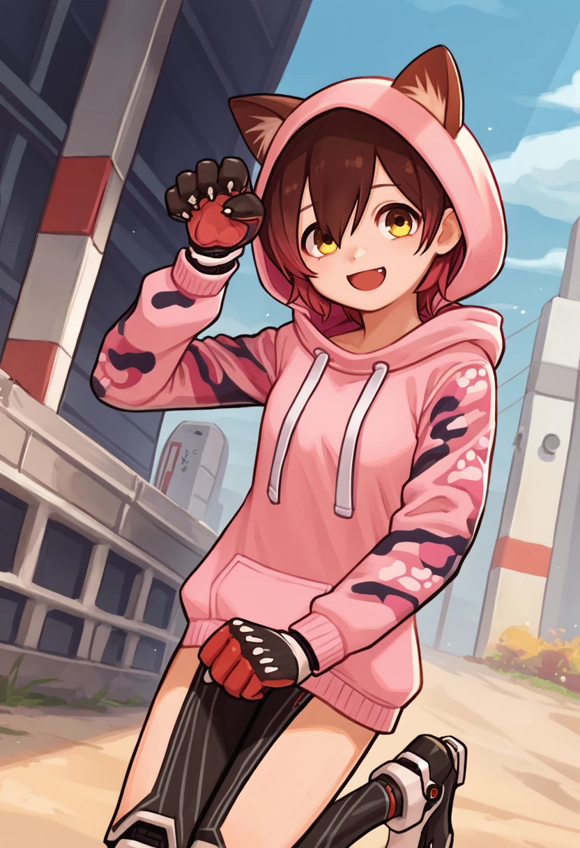 score_9, score_8_up, score_7_up, source_anime, solo, 1girl, roboco1st, android, mechanical arms, smile, open mouth, looking at viewer, paw pose, short hair, cat ears, pink hoodie, hood down, camouflage, drawstring, long sleeves, gloves, no pants, mechanical legs, outdoors <lora:hololive_roboco-san_ponyXL:1>