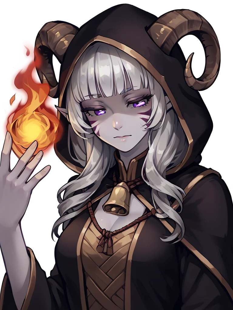 <lora:fireball:1>, fireball, magic,, source_furry, score_7_up, rating_safe, cowboy shot, gold necklace, tiefing, short pointed ears,brown horns, (a pair of brown sheep Horns that begin at her temples and curve back: 1.5), bangs,long silver hair long wavy hair, pale skin,<lora:whisker_markings:0.8> whisker_markings:1.4 , pointy ears, purple eyes:1.2, <lora:age_slider_v4:0.6>   medium breasts, skinny female, close up, silver hair, <lora:Tieflingnew weird fantasyDND:0.3> Tiefling, pointed ears, horns,   half-closed eyes:1.5,<lora:Smooth Style 2 SDXL_LoRA_Pony Diffusion V6 XL:0.5>  shepherd's crook, bell, robe, hood off, <lora:Nanoless_Artist_Style_PonyXL:0.3>  shaded face:1.2,