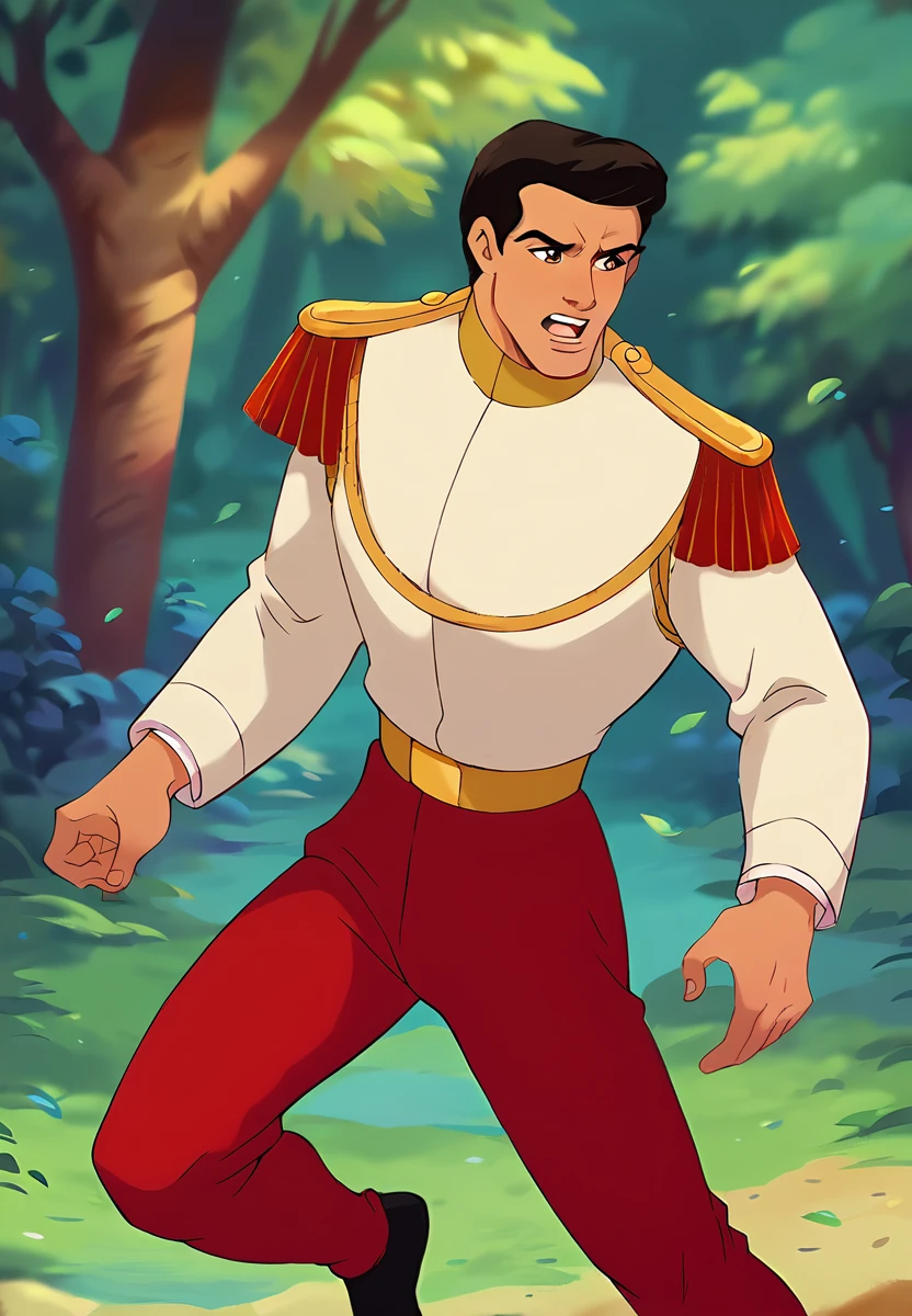 score_9, score_8_up, score_7_up, score_6_up,  animation, retro artstyle, disney style,
break
a man pr1nc3_c with short black hair , <lora:Prince_C_1.0-000040:1> , wearing red pants and a (white uniform), running, scared expression, gold epaulettes
location: forest
<lora:aminfara:0.3> aminfara, <lora:Smooth Anime 2 Style SDXL_LoRA_Pony Diffusion V6 XL:0.3>