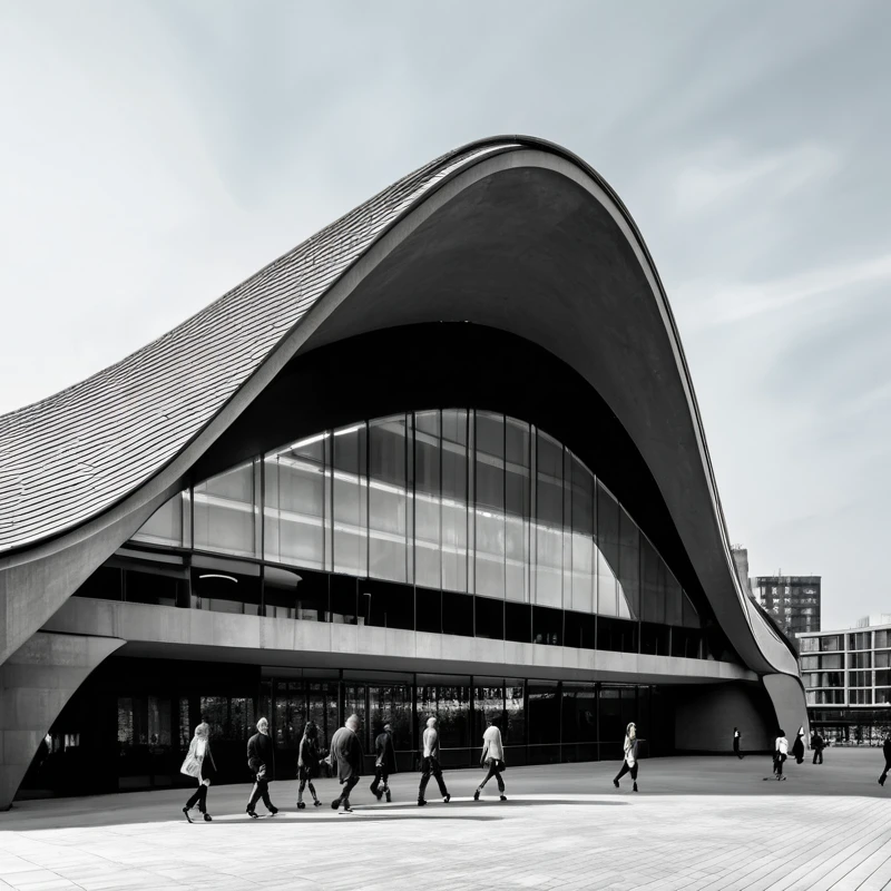 ((black & white, a modern architectural structure with a sweeping curved roof and large glass windows, minimalistic design, contemporary architecture style, small groups of people walking around, urban setting, clear sky background, Monochromatic Color Scheme, grayscale palette)), (sea front), concrete structure, clean lines, form inspired by modern architecture, sleek modern architecture, minimalistic, ((earth plaster finish)), (((design by David Chipperfield))), abstract

