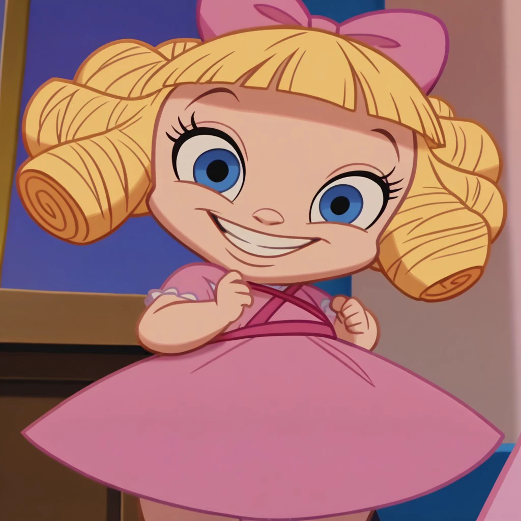 score_9, score_8_up, score_7_up BREAK DarlaD, 1girl, blonde hair, blonde ringlets, blunt bangs, blue eyes, pink bow, shortsleeved pink dress, light pink socks, socks, pink shoes, smiling at viewer, screenshot, official art, parody, cartoon footage, official design, screencap, on_model, on model, cartoon screenshot, official screenshot, 2d, cartoon, source_cartoon, on-model,