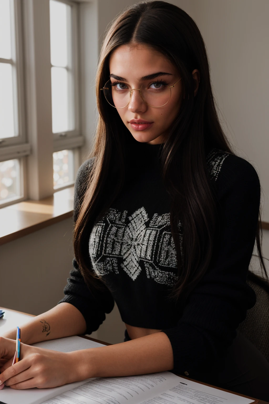 (CINEMATIC SHOT:1.4)(Packed College Study Hall:1.4) The 22 year old TrualityCampus_Roma (Brunette Hair.1.3)(Black Leggings and a Sweater:1.4)((Photo Focus, DOF, Aperture, insanely detailed and intricate, character, hypermaximalist, elegant, ornate, beautiful, exotic, revealing, appealing, attractive, amative, hyper realistic, super detailed, (lens flare:1.1) heresy flares)) (Wearing glasses:1.4) (studying:1.4) <lora:people_count_slider_v1:4>
