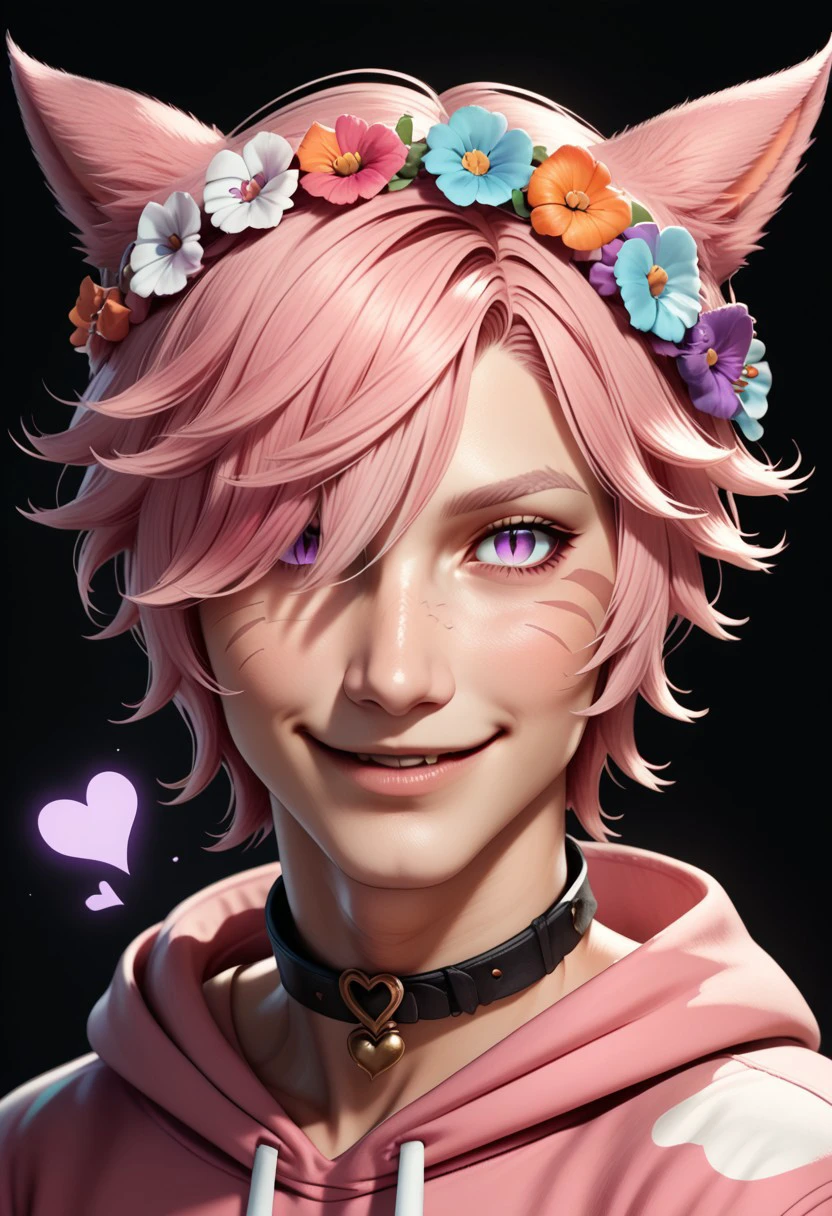 DskMiqo, 1boy, animal ears, avatar (ff14), black background, braid, cat girl, cat ears, animal ears, animal ear fluff, choker, collar, facial mark, flower, hair flower, hair ornament, hair over one eye, head wreath, heart,  hood, hood down, rainbow hoodie, looking at viewer, male focus, miqo'te, pink hair, purple eyes, short hair, simple background, slit pupils, smile, solo, upper body, BREAK ,score_9, score_8_up, score_7_up, score_6_up, score_5_up, score_4_up,