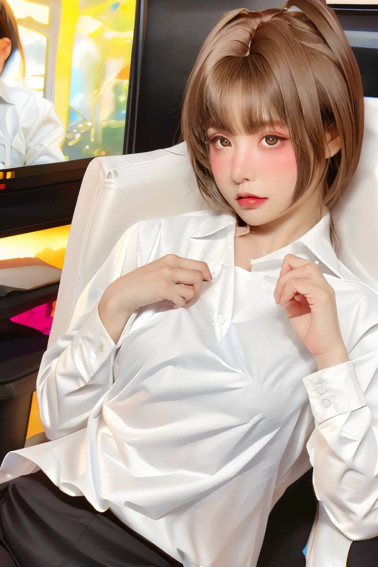 1girl, solo, medium breasts, looking at viewer, realistic, photorealistic, brown hair, brown eyes, lips, bangs,   hyper detailed, super sharp, crisp, smooth, smooth gradients, depth of field, (in studio: 1.1), (white background: 1.1), <lora:nekoyoshi_gametime:1>, <lora:breastsizeslideroffset:-0.25>, <lora:add_detail_v5:1>, (white shirt:1.5), (perfect fingers)