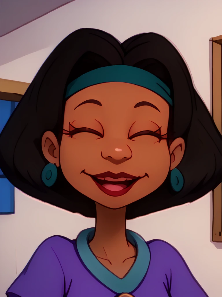 <lora:Lucy_Carmichael_-_Rugrats_-_1992-10:1.25>lucy_carmichael, 1girl, dark-skinned female, black hair, short hair, lipstick, blue headband, earrings, purple dress with blue collar, solo, jewelry, dark skin, blue waist belt, short sleeves, purple dress, hairband, headband, dress, belt, makeup, smile, upper body, portrait, mouth open, face focus, looking at viewer, close up, dark brown eyes, eyes closed, (laughing:1.2), (tilting head back:1.2),, source_cartoon, score_9, score_8_up, score_7_up,