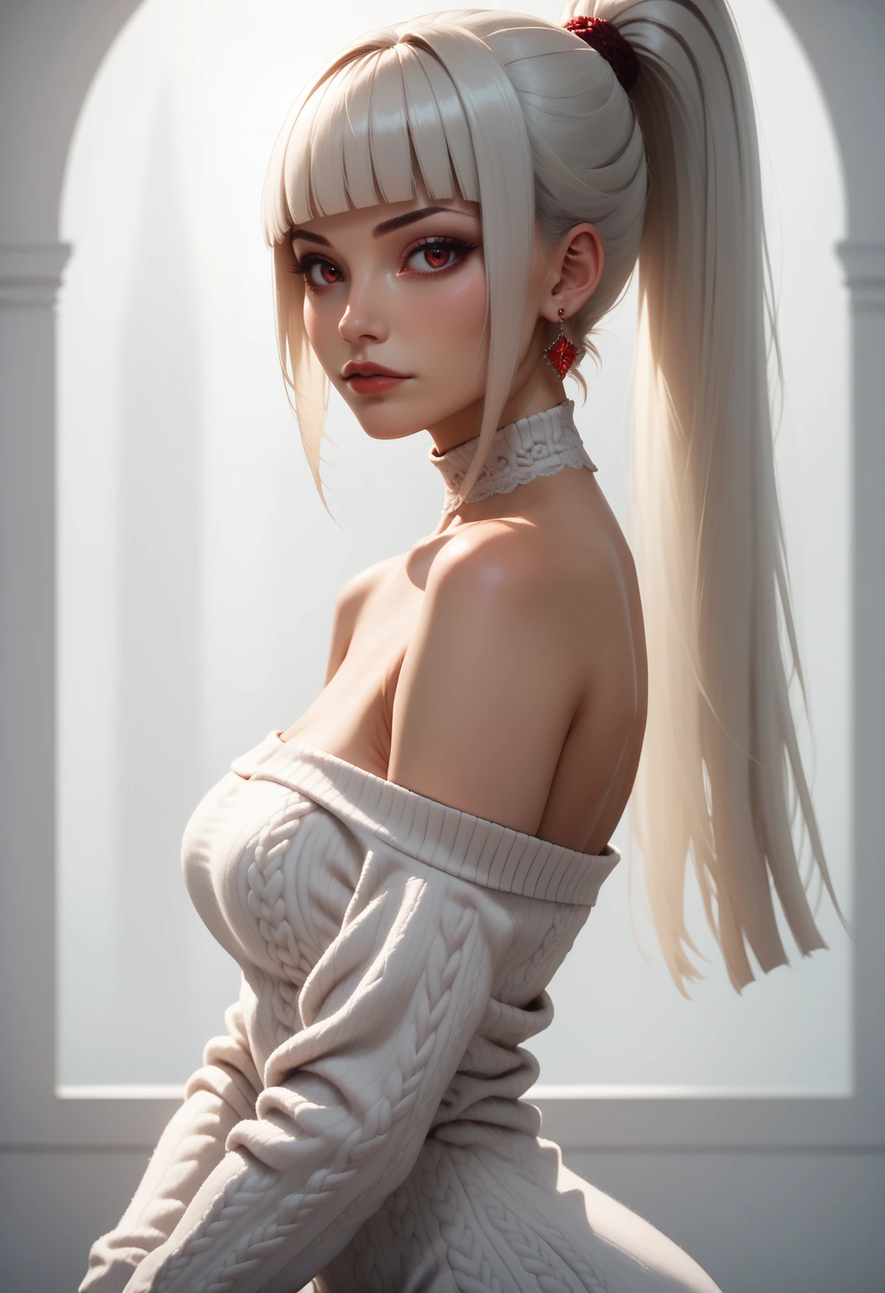 score_9, score_8_up, score_7_up,
1girl, solo, sexy strapless sweater dress, white dress, scoop neck, long sleeves, bare shoulders, lace choker, ruby earrings, looking at viewer, from side,
<lora:Dark_Sayuki_Pony_v0.1:0.5> d4rks4yuk1, hime cut, ponytail,