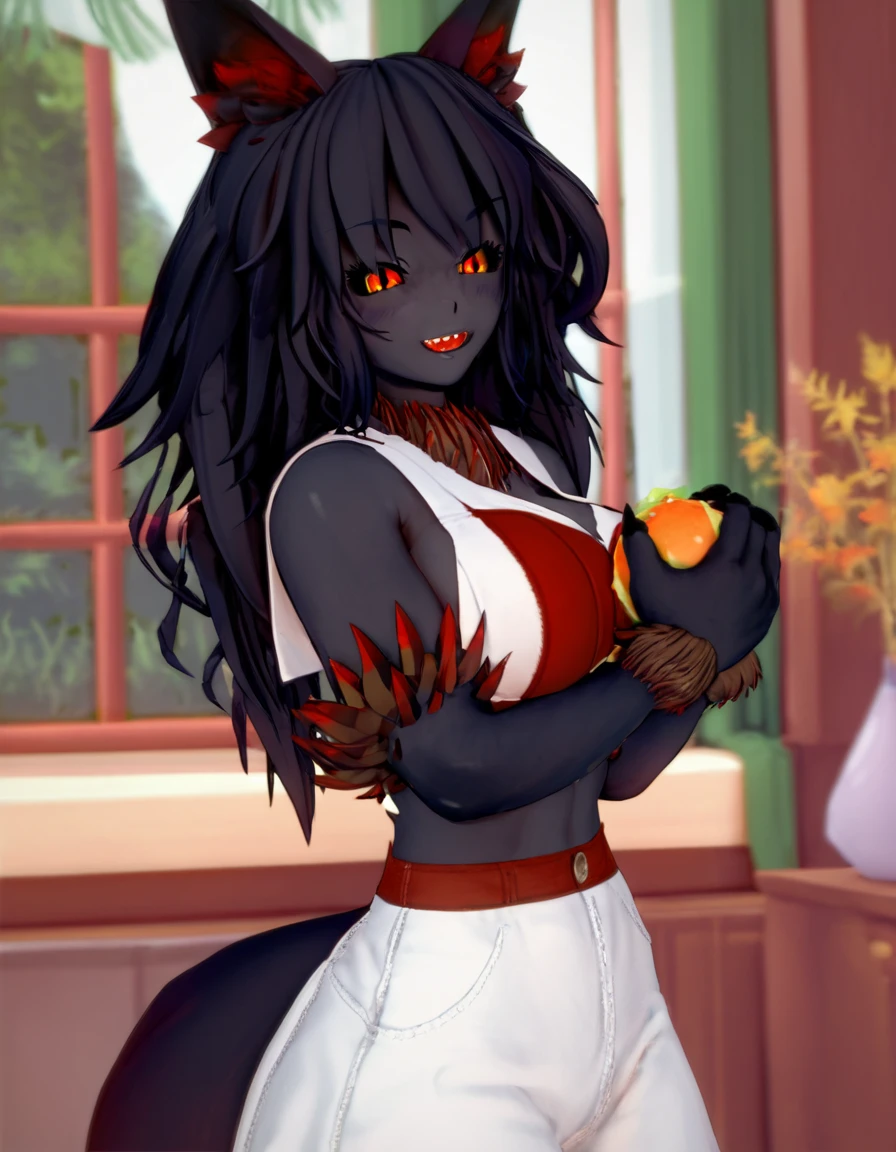 score_9, score_8_up, score_7_up, score_6_up, score_5_up, score_4_up, source_anime,  Hellhound, colored skin, monster girl, red eyes, animal ears, black hair, colored sclera, long hair, black sclera, large breasts, black skin, animal hands, grey skin, dark skin, dark-skinned female, slit pupils, fur, sharp teeth, claws, purple hair, animal ear fluff, wolf ears, fangs, bangs, orange eyes, multicolored hair, black fur, wolf tail, demon girl, furry, wolf, body fur school uniform, smile, portrait,