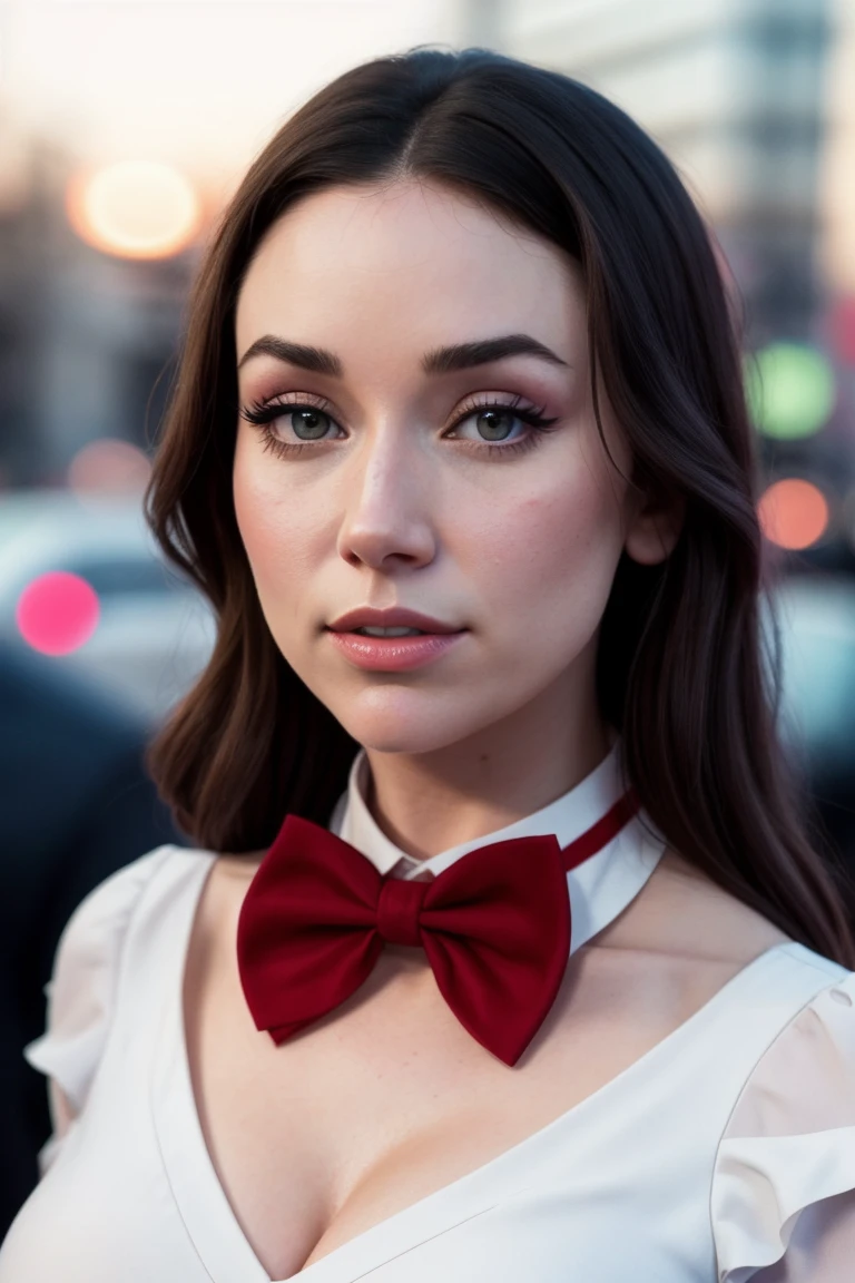 gcc-4425,((red lipstick, blush)), ((detailed skin, detailed face):1.2), ((detailed eyes, beautiful eyes):1.2), , photo of a woman, ,beautiful picture, fully clothed, outside, ((bowtie, thighhighs, shirt, skirt)), city street, sunset, detailed, epic, closeup, ((detailed eyes, beautiful eyes, detailed face, beautiful face)),