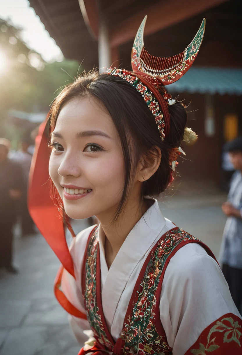 Vibrant Rim Light, cinematic photo Hanfu photography, cinematic angle, fisheye, dynamic perspective, intricate details, wide angle, cinematic lighting, motion blur,
1girl, black hair, long hair, hat, (red wsmiao comb:1.2), long sleeves, dress, traditional clothes, makeup, skirt, long hair blown by the wind, upper_body,
Miao girl dancing gracefully in the enchanting light of the setting sun, adorned in a traditional Miao outfit with meticulous silver headdress featuring intricate handcrafted patterns, vibrant and elaborately embroidered clothing,smile, closed_mouth, 
green wanfl background,
dusk,35mm photograph, film, bokeh, professional, 4k, highly detailed, light depth, dramatic atmospheric lighting, Volumetric Lighting