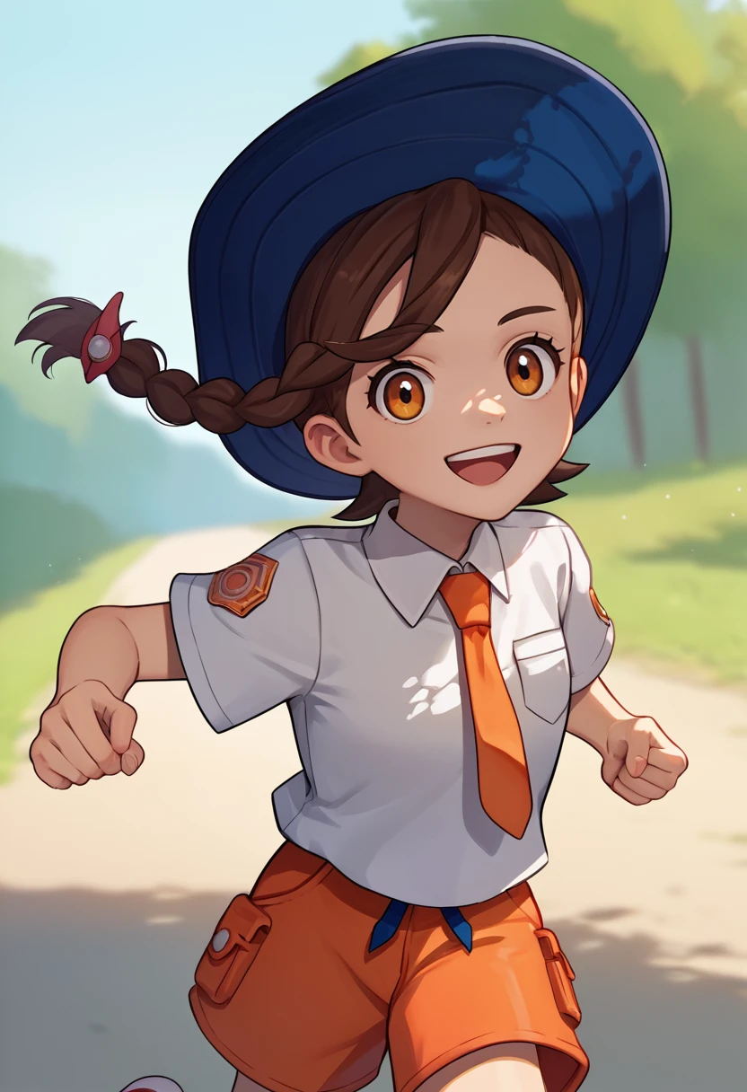 score_9, score_8_up, score_7_up, source_anime, solo, 1girl, julianascarlet, happy, looking at viewer, upper teeth, running, single braid, blue headwear, hat, school uniform, white shirt, collared shirt, orange necktie, short sleeves, orange shorts, outdoors <lora:pokemon_juliana_ponyXL:1>