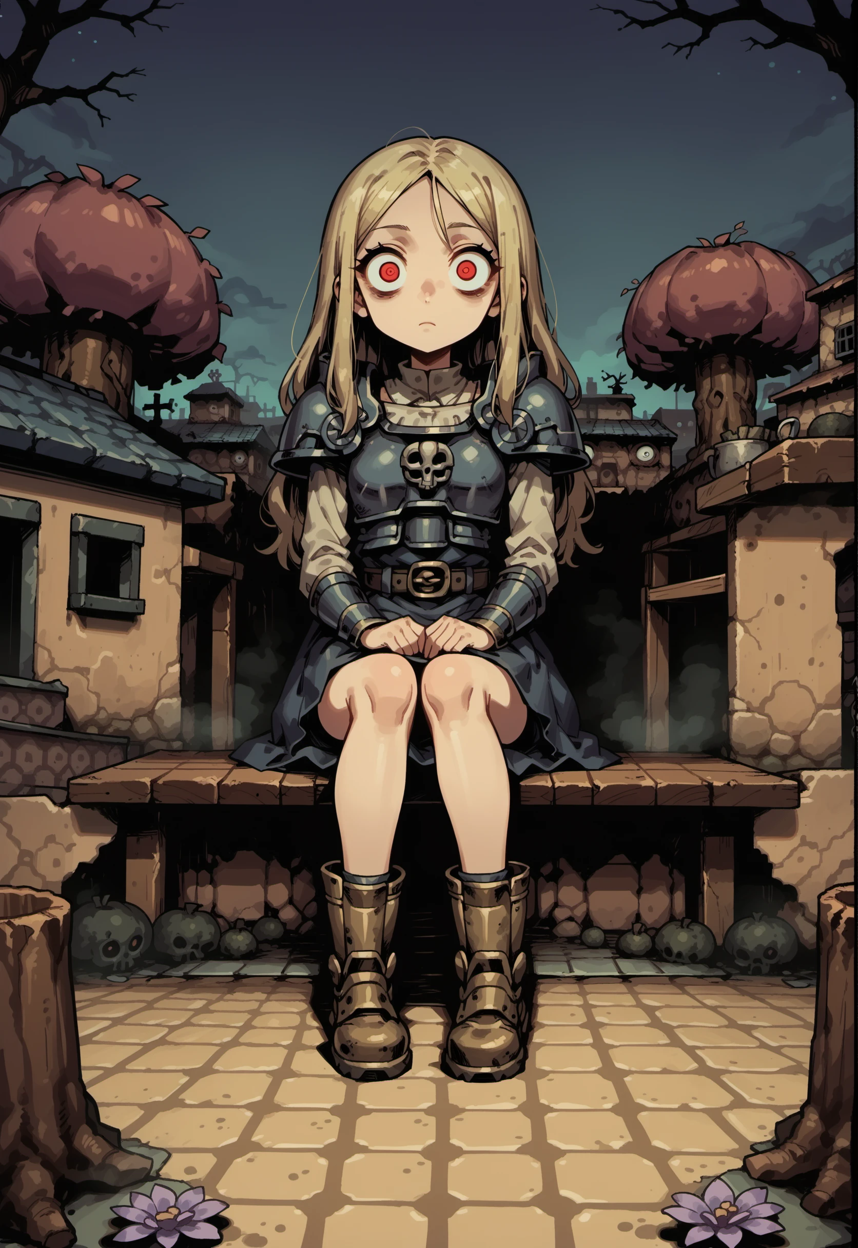 score_9, score_8_up, score_7_up, score_6_up, source anime
BREAK
1girl, steel shoulder armor, breastplate, belt, plate armor, steel boots, looking at viewer, sitting, wide eyes, expressionless, horror \(theme\), sitting on bench, red eyes, blonde hair, long hair, glowing eyes
BREAK
stone road, LttPKV, outdoors, rocky terrain, brown hills, tree, bush, dirt road, wall, yellow house, ruins, tree stump, wooden ladder, chest, blue roof, pink flower, autumn, night dark, dark sky, fog, wooden bench, <lora:ToZ-LttP_Kakariko_Village_Style_Background:0.6>  <lora:Concept Art DarkSide Style LoRA_Pony XL v6:0.4> <lora:cr33pp41ntXLP:0.6> cr33pp41nt <lora:StrangeWorld_Pony:1>