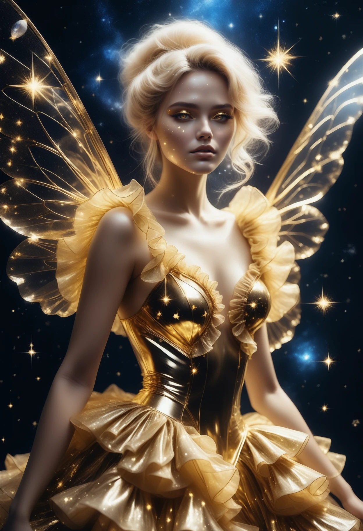 1woman in a golden ruffled dress, stardust, starHC, Haute Couture, <lora:starHC-000003:0.5> transparent wings, stardusted hair accessoire