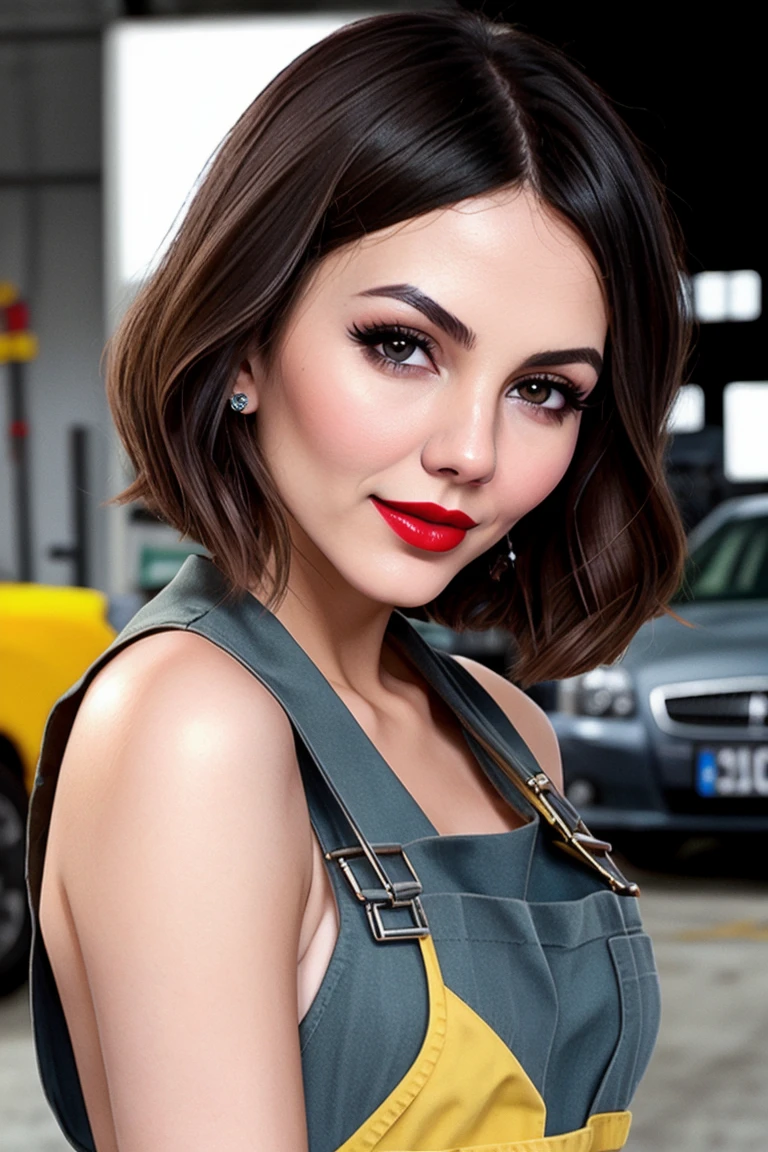 vicjustice, ((red lipstick, blush)), ((detailed face, detailed eyes)),  , ((red lipstick, blush, pale skin)),((detailed eyes, beautiful eyes, detailed face, beautiful face)), , photo of a woman, overalls, car, garage, smiling, wrench, ((mechanic, short hair)),