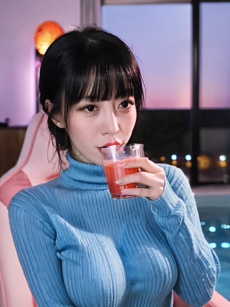 1lady, japanese, <lora:Bae:0.8>baerasoni, busty, sweater,drinking water,