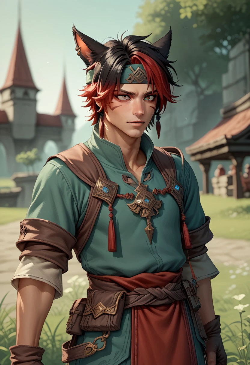 DskMiqo, 1boy,  avatar (ff14),  blurry, blurry background, cat boy, cat ears, animal ears, animal ear fluff, headband, earrings, facial mark, fingerless gloves, gloves, tunic, bard gear, jewelry, male focus, outdoors, red hair, ring, short hair, solo focus, two tone hair, black hair, red hair,  miqo'te, BREAK ,score_9, score_8_up, score_7_up, score_6_up, score_5_up, score_4_up,