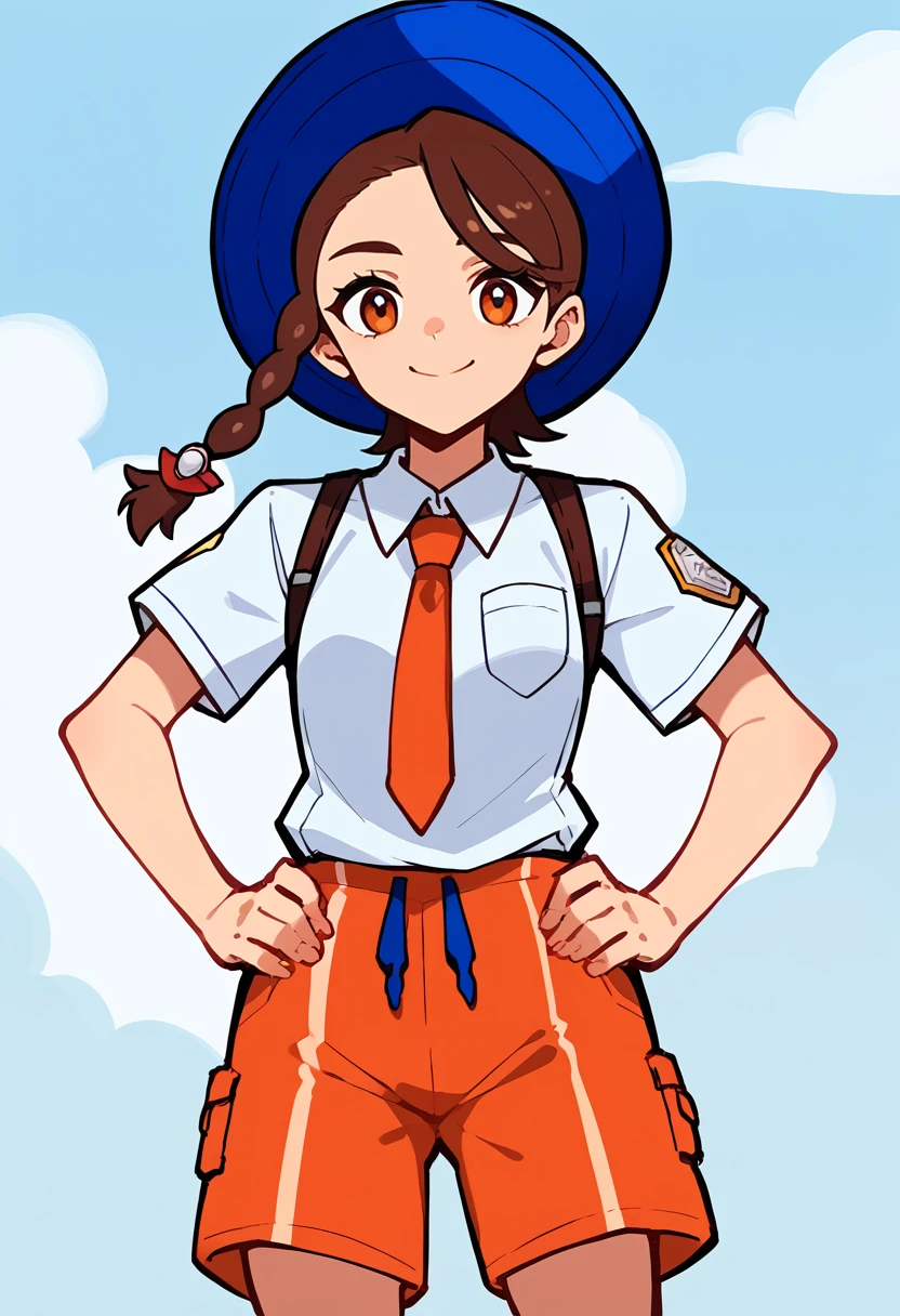 score_9, score_8_up, score_7_up, source_anime, lineart, sketch, solo, 1girl, julianascarlet, smile, closed mouth, looking at viewer, standing, hands on own hips, single braid, blue headwear, hat, school uniform, white shirt, collared shirt, orange necktie, short sleeves, orange shorts, blue sky, cloud, outdoors <lora:pokemon_juliana_ponyXL:1> <lora:Potat-lineart_sketch_v1-USENEG:-0.85>