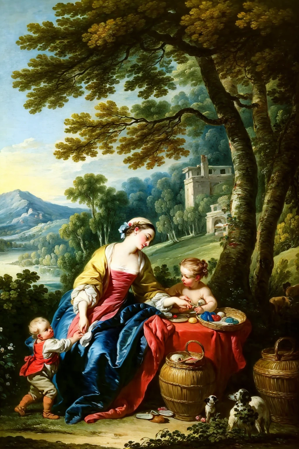 a painting of a man giving a baby to a woman and a dog, a renaissance painting by Domenichino, flickr, mannerism, neoclassical paintings, neoclassical painting, neoclassic painting, 1 7 th century art, neo-classical painting, classicism oil painting, neoclassicist painting, 17th century european fine art, neoclassic oil painting