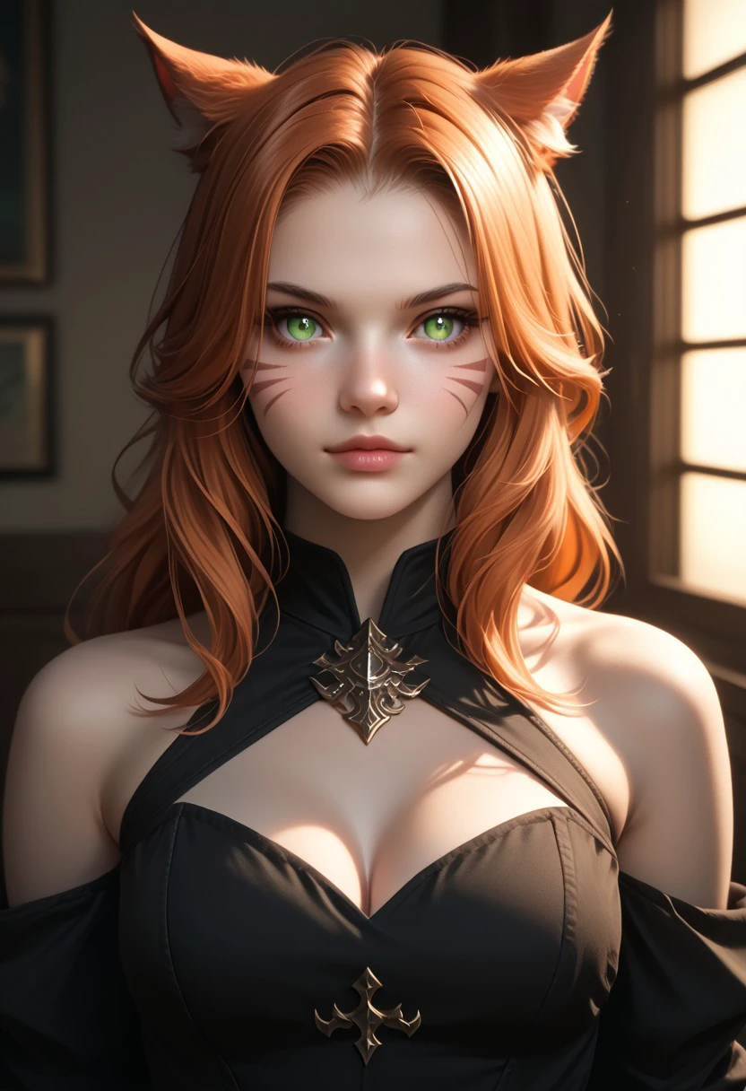 (absurdres, official art, best quality, HD, UHD, desktop wallpaper), BREAK cinematic, highly professional, high contrast, BREAK lo-fi, soft colors, FemmeMiq, 1girl, solo, long hair, looking at viewer, cat girl, cat ears, animal ears, animal ear fluff, cleavage, bare shoulders, closed mouth, green eyes, upper body, orange hair, lips, facial mark, slit pupils, whisker markings, miqo'te,  gradient overlay, lo-fidelity, chromatic abberation, film grain, masterwork ,specular highlights, rembrandt lighting, side lighting, extreme light and shadow, cinematic lighting, natural lighting, cinematic angle, best quality, masterpiece