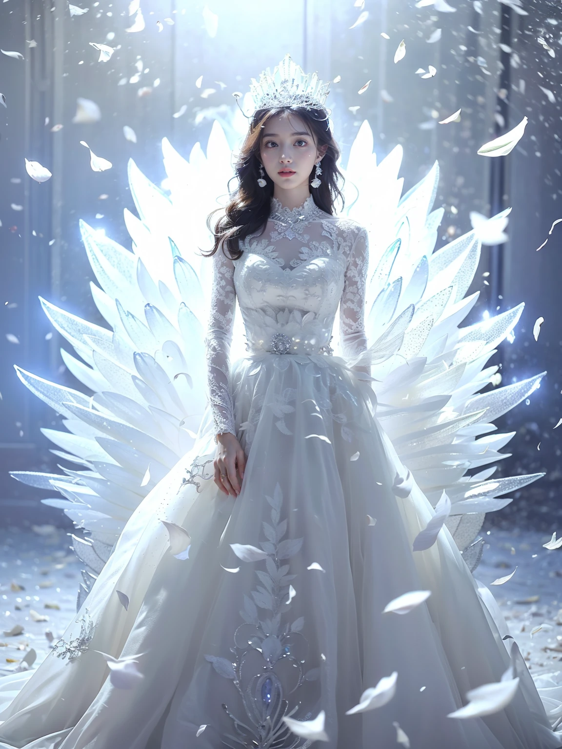 photorealistic,realistic,photography,masterpiece,best quality,ultra-detailed,extremely detailed CG unity 8k wallpaper,(reality: 1.4),1girl,solo, full body,standing,arms on both sides,black hair,long hair,hair ornament,looking at viewer,real hands,white background,crystal,white wedding dress,tiara,jewelry,((white petals throne)), <lora:JAY-WHITE PETALS THRONE:0.8>