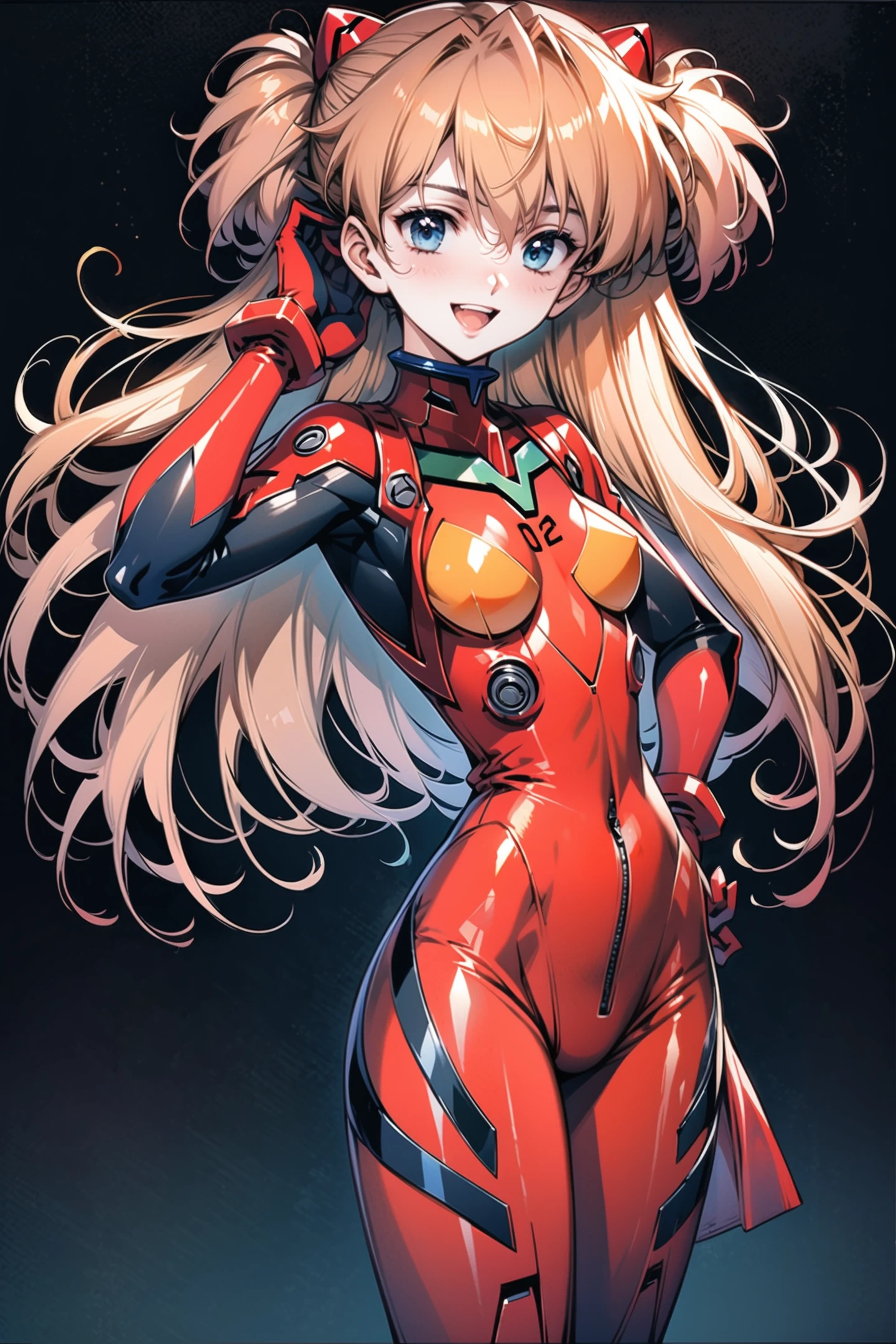 flyx3 Style,
1girl,long hair,plugsuit,bodysuit,souryuu asuka langley,pilot suit,bracer,blue eyes,smile,breasts,bangs,turtleneck,solo,cowboy shot,:d,hair between eyes,gloves,red bodysuit,small breasts,looking at viewer,headgear,two side up,hand on hip,skinny,adjusting hair,narrow waist,standing,brown hair,science fiction,hand up,shiny clothes,hair ornament,happy,from side,shiny,skin tight,simple background,black background,