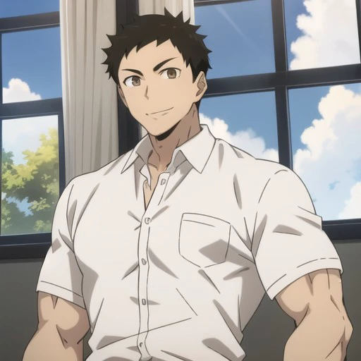 daichi, toned, smile, shirt, 1boy, white shirt, sky, cloud, window, collared shirt, indoors, upper body, male focus, muscular, abs, pectorals, muscular male, large pectorals