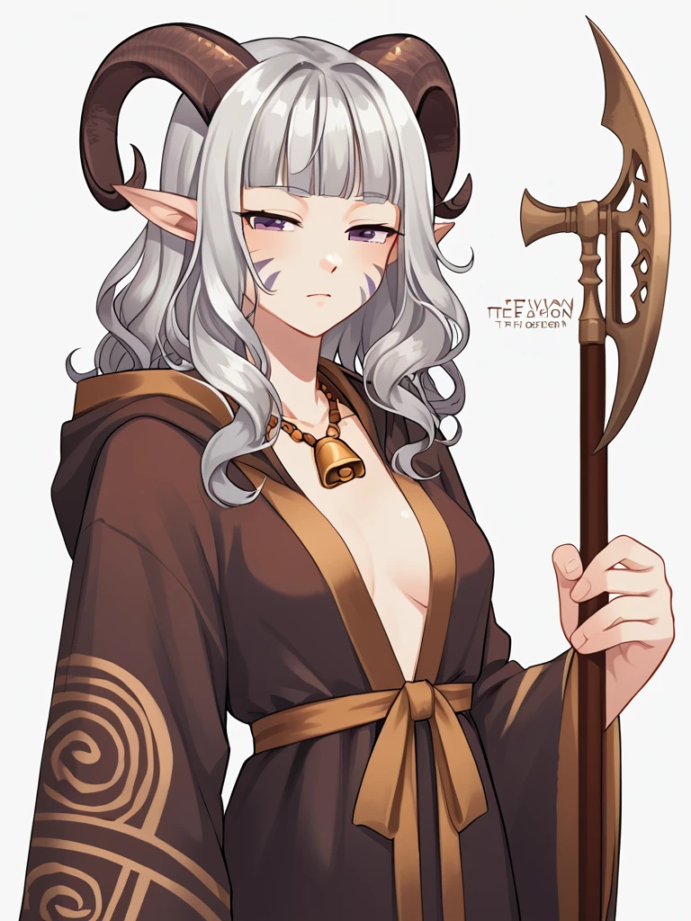 <lora:bardiche_weapon:0.8>  bardiche_(weapon),holding_weapon:1.2,holding bardiche_(weapon) ,half-closed eyes, source_anime, source_furry, score_7_up, rating_safe, portrait, gold necklace, tiefing, short pointed ears, brown horns, (a pair of brown sheep Horns that begin at her temples and curve back: 1.5), bangs, long silver hair long wavy hair, pale skin, <lora:whisker_markings:0.8> whisker_markings pointy ears, purple eyes, <lora:age_slider_v4:0.6>   medium breasts, skinny female, silver hair, <lora:Tieflingnew weird fantasyDND:0.3> Tiefling, pointed ears, horns,  <lora:Smooth Style 2 SDXL_LoRA_Pony Diffusion V6 XL:0.5>  bell, robe, hood off, <lora:Nanoless_Artist_Style_PonyXL:0.3>