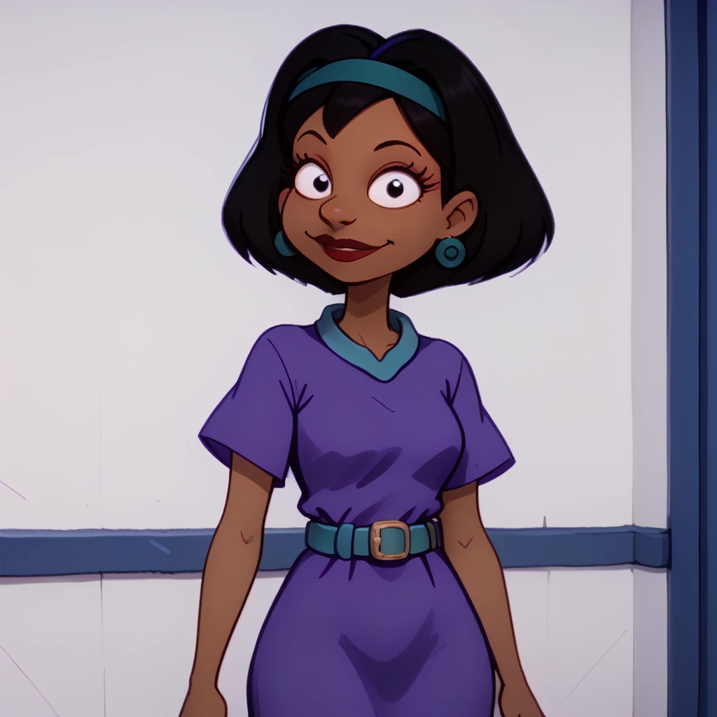 <lora:Lucy_Carmichael_-_Rugrats_-_1992-10:1>lucy_carmichael, 1girl, dark-skinned female, black hair, short hair, lipstick, blue headband, earrings, purple dress with blue collar, solo, jewelry, dark skin, blue waist belt, short sleeves, purple dress, hairband, headband, dress, belt, makeup, smile,, source_cartoon, score_9, score_8_up, score_7_up,