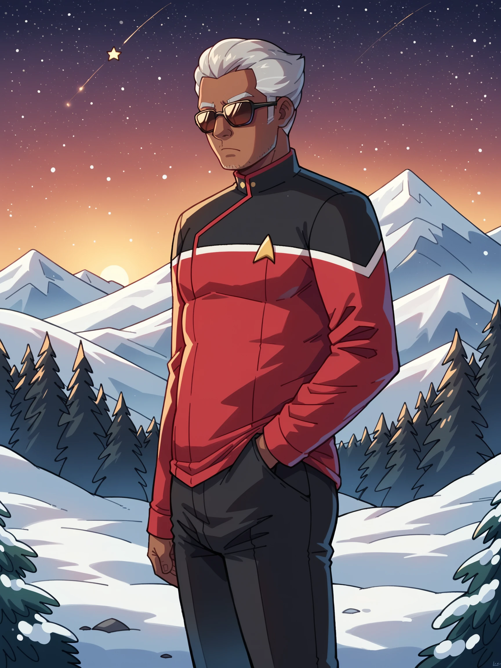 score_9, score_8_up, score_7_up,solo,closeup,fat aged african man,sttldunf black and red star trek uniform,black shoulders, a mountain,black pants,snowy mountains, trees,long red sleeves,sunglasses,grey hair<lora:STTLPony:0.8>