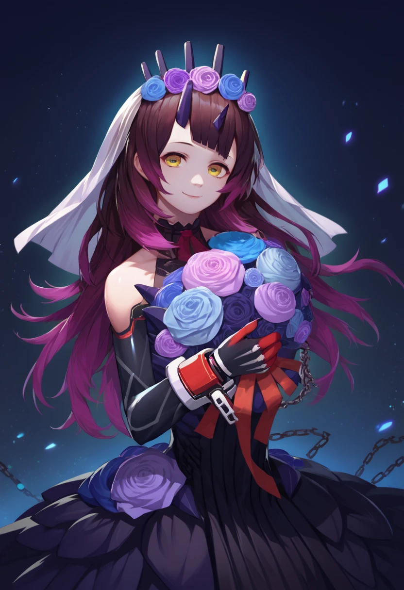 score_9, score_8_up, score_7_up, source_anime, solo, 1girl, roboco8th, smile, looking at viewer, holding bouquet, android, mechanical arms, long hair, hair flower, horns, single horn, purple rose, blue rose, veil, head wreath, black dress, cuffs, chain <lora:hololive_roboco-san_ponyXL:1>