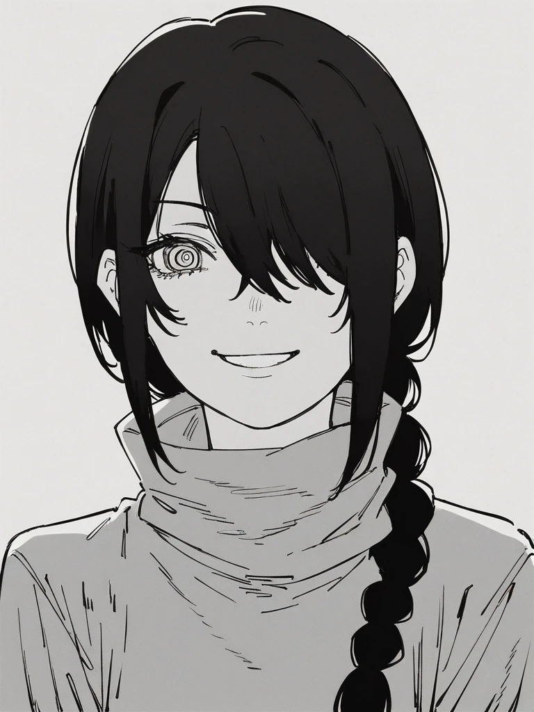 score_9, score_8_up, score_7_up,
1girl, nayuta csm, black hair, single braid, ringed eyes, hair over one eye, monochrome,
turtleneck, looking at viewer, face, smile,