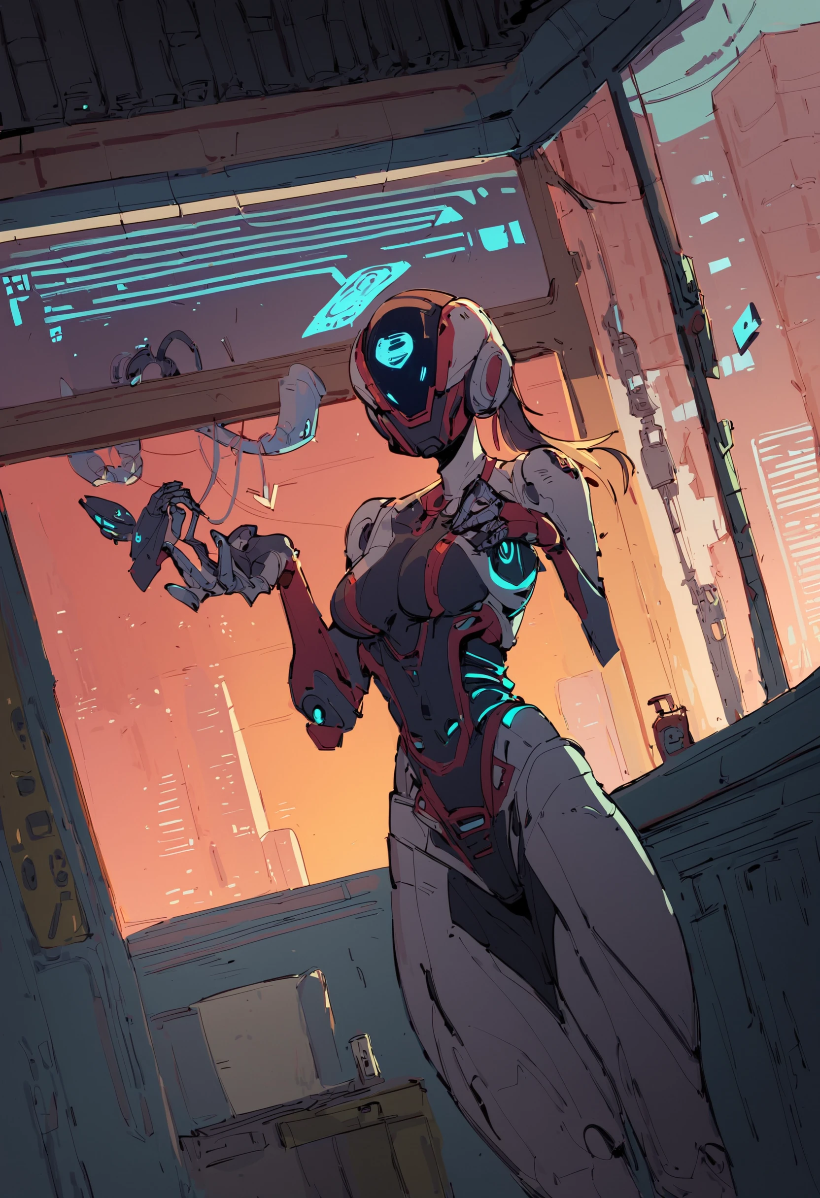 score_9, score_8_up, score_7_up, highly detailed, girl, medium breasts, robot girl, helmet, long pink ponytail, standing, luminescent futuristic screen, window, futuristic city in the background, mechanical hands,
<lora:scav3ngersV4_epoch_1:1> flat color