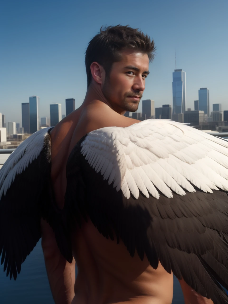 Shirtless, fit man with big glasses and muscles flying on wings in the sky with his penis having an orgasm