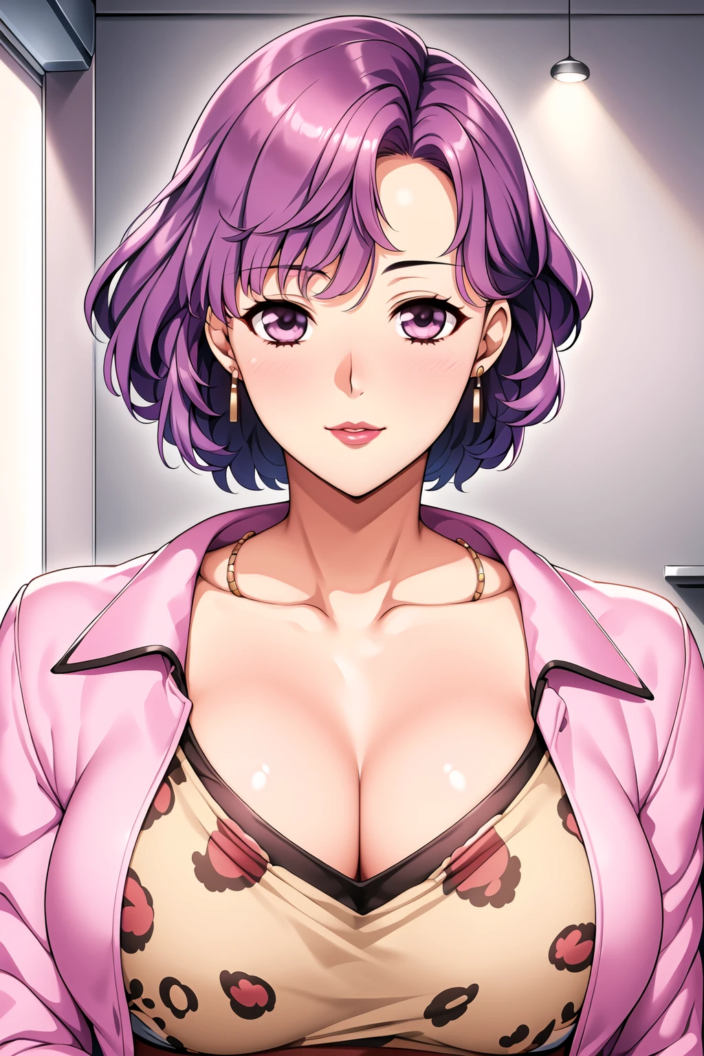 Simple Background,White Background,
dynamic pose,standing at attention,
cleavage, collarbone,Pink Jacket,off shoulder, leopard print shirt, 
<lora:Kaori_Naruse_DoukyuuseiRemake-KK77-V1:0.7>,gem, jewelry, earrings, necklace, 
purple eyes, purple hair,bangs,short hair,makeup, red, lipstick, messy hair, 
<lora:more_details:0.1>,<lora:Oda_Non_Style-KK77-V2:0.3>,<lora:Sexy_AIart-KK77-V1:0.3>,
1 girl, 20yo,Young female,Beautiful long legs,Beautiful body,
Beautiful Nose,Beautiful character design, perfect eyes, perfect face,expressive eyes,perfect balance,
looking at viewer,(Focus on her face),closed mouth, (innocent_big_eyes:1.0),(Light_Smile:0.3),
official art,extremely detailed CG unity 8k wallpaper, perfect lighting,Colorful, Bright_Front_face_Lighting,White skin,
(masterpiece:1.0),(best_quality:1.0), ultra high res,4K,ultra-detailed,
photography, 8K, HDR, highres, absurdres:1.2, Kodak portra 400, film grain, blurry background, bokeh:1.2, lens flare, (vibrant_color:1.2),professional photograph,
(Beautiful,large_Breasts:1.4), (beautiful_face:1.5),(narrow_waist),