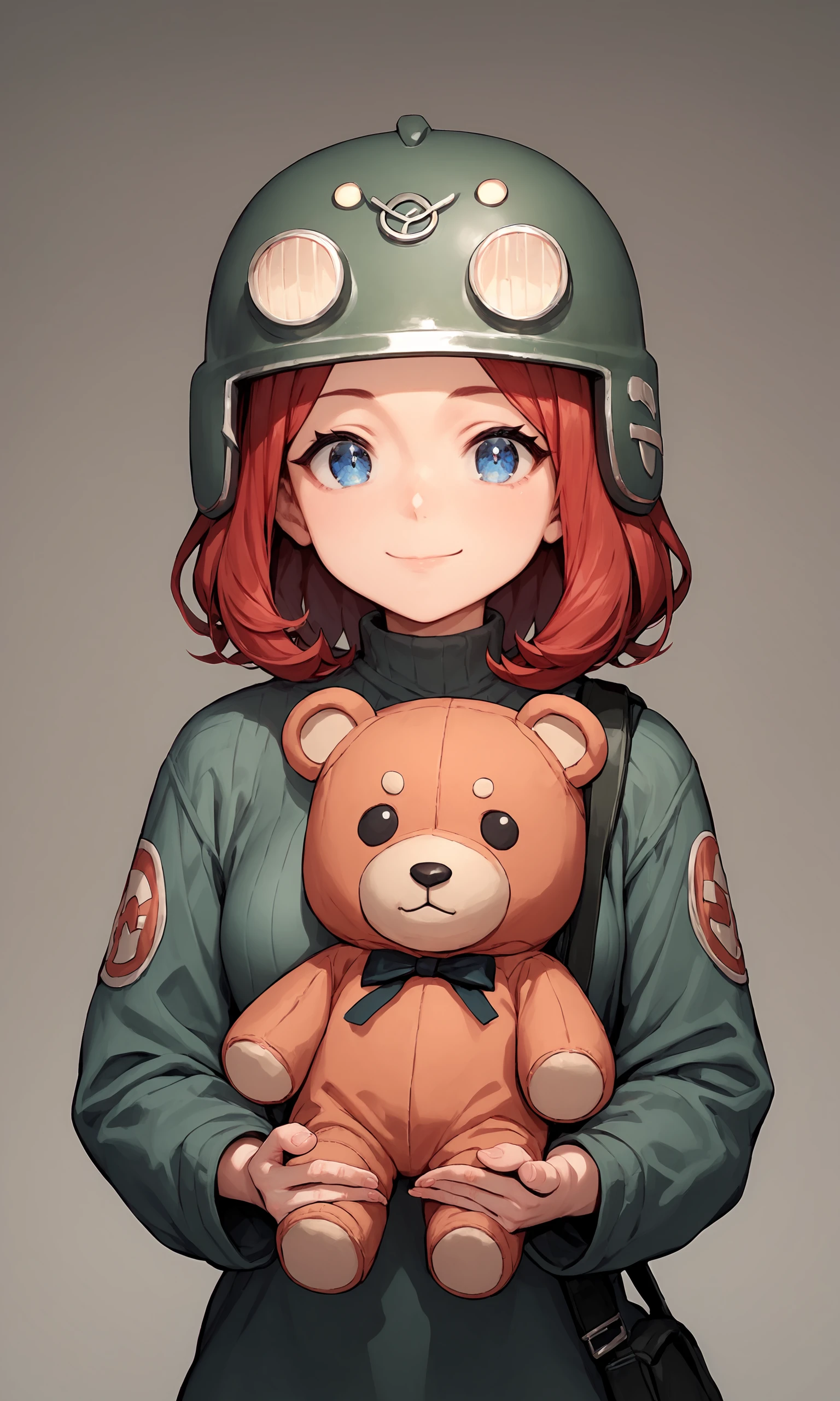 score_9, score_8_up, score_7_up, <lora:buhanka.chan:1>, 1girl, buhanka, red hair, helmet, light smile, blue eyes, holding plush toy, plush bear, toy bear